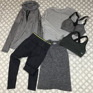 GREY athletic bundle of 6 - leggings, sweater, 2 tops, 2 bra tops size SMALL